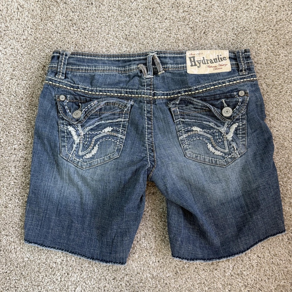 Y2K Hydraulic Denim Shorts Womens 30W Blue Cutoff Embroidered Jorts Summer